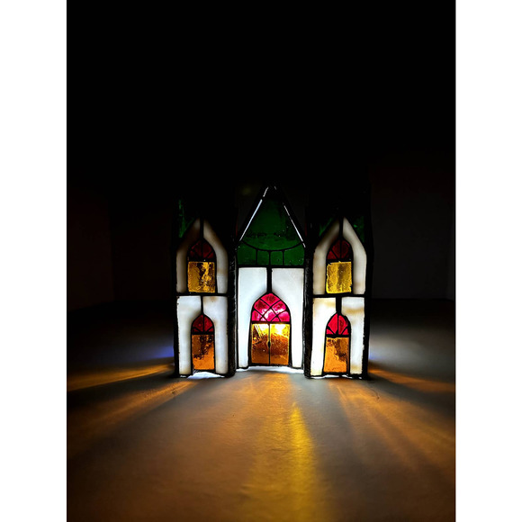 Vintage Tiffany Style Stained Glass Cathedral Church Christmas Tabletop Decor - Picture 1 of 12